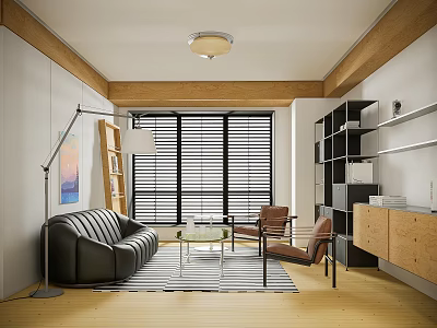 Modern Living Room Interior With Black Leather Sofa Two Chairs Floor Lamp And Wooden Floor 3d model