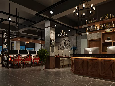 Wooden Reception Desk In Modern Industrial Style With Chandeliers Decorations And Green Plant 3d model