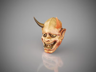 Traditional Demon Mask With Curved Horns Flame Decor And Grinning Expression 3d model