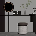 Modern Minimalist Dressing Table Featuring Round Mirror Cosmetics Potted Plant and Stool 3d model