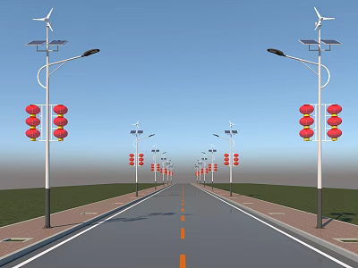Outdoor Street Lights With Solar Panels Wind Energy And Red Lantern Decorations 3d model