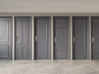 Modern Gray Swing Doors Featuring Various Designs And Gold Line Details 3d model