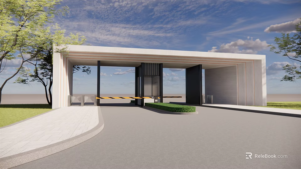 Modern Entrance Gate With Glass Panels Sleek Design And Greenery Surroundings 3d model 