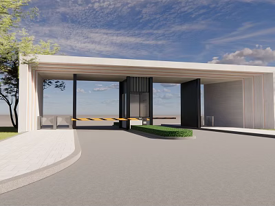 Modern Entrance Gate With Glass Panels Sleek Design And Greenery Surroundings 3d model