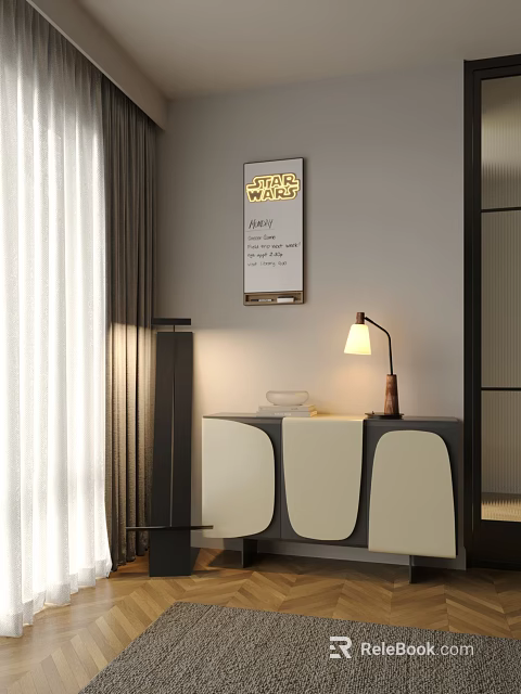Modern Entryway Cabinet Console Table With Star Wars Poster And Table Lamp 3d model 