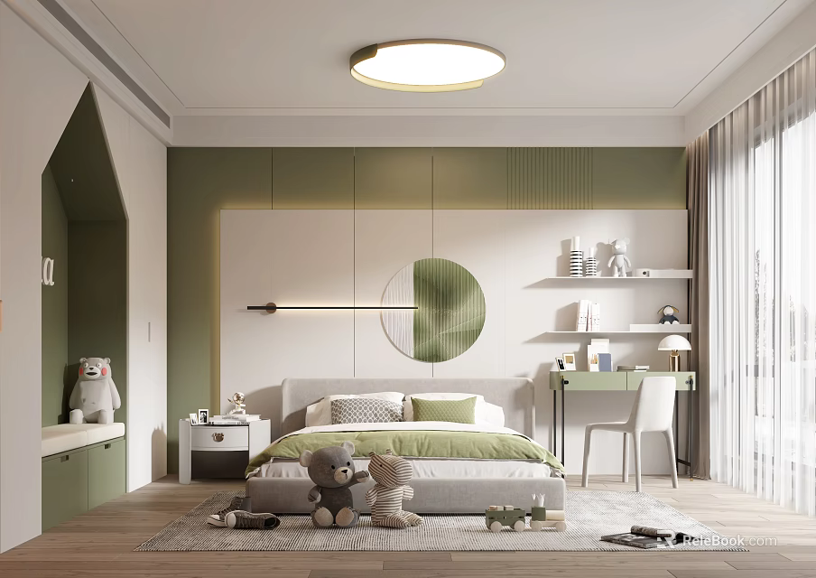 Cozy Kids Room Interior With Green Walls Bed Stuffed Toys Study Desk And Circular Mirror 3d model 
