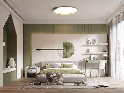 Cozy Kids Room Interior With Green Walls Bed Stuffed Toys Study Desk And Circular Mirror 3d model