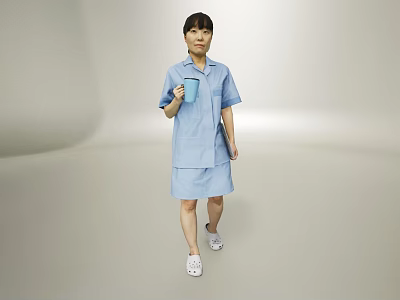 A Woman Wearing Light Blue Short Sleeved Dress Holding Blue Cup In Light Gray Background 3d model