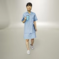 A Woman Wearing Light Blue Short Sleeved Dress Holding Blue Cup In Light Gray Background