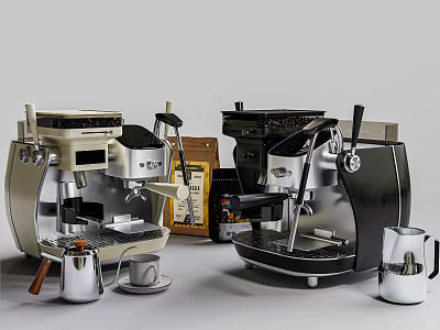 Coffee Tableware Set with Espresso Machines Cups and Milk Pitcher in Beige and Black 3d model