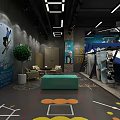 Vibrant Specialty Store Interior With Colorful Chairs Geometric Floor Patterns And Modern Lighting