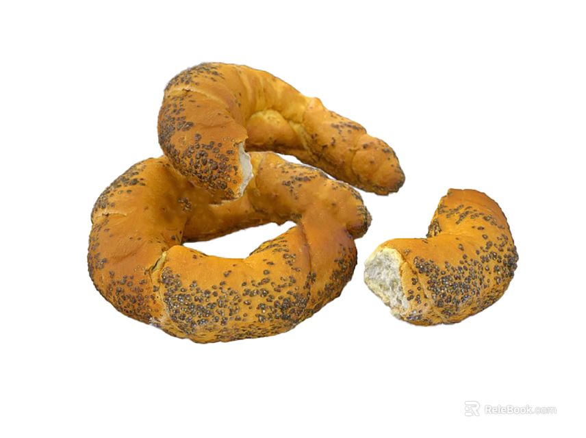 Fresh Baked Golden Pretzels With Poppy Seeds And Bitten Piece On White Background 3d model 
