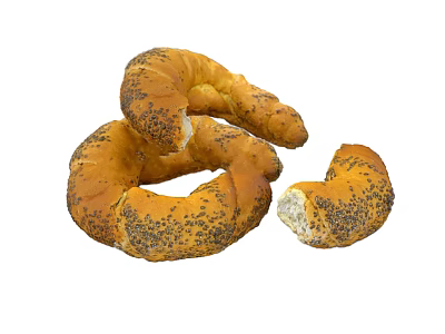 Fresh Baked Golden Pretzels With Poppy Seeds And Bitten Piece On White Background 3d model