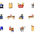 Grocery Shopping Elements Including Cart Basket Cash Register And Produce Stalls