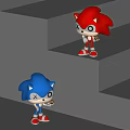 Cute Red and Blue Cartoon Character Sculptures Standing on Gray Steps Design
