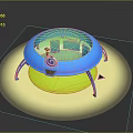 Blue Round Trampoline With Green Base Blue Legs Small White Logo And Yellow Glow