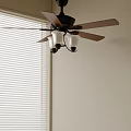 Ceiling Fan With Wooden Blades And White Lampshades Near Window Blinds On Light Colored Wall