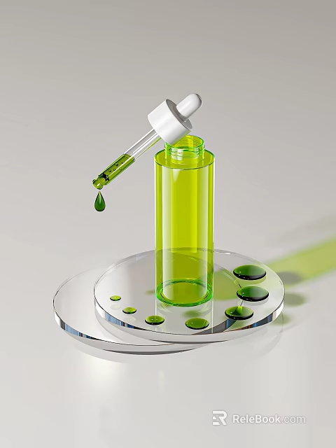 Cosmetic Serum Green Bottle With Dropper And Green Liquid Drops On Transparent Tray 3d model 