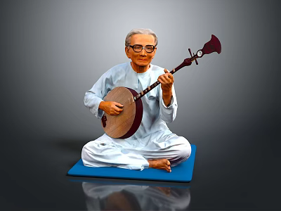 Man Wearing Traditional White Clothing Sitting On Blue Mat Playing Stringed Instrument Against Gray Background 3d model