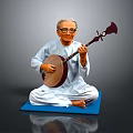 Man Wearing Traditional White Clothing Sitting On Blue Mat Playing Stringed Instrument Against Gray Background
