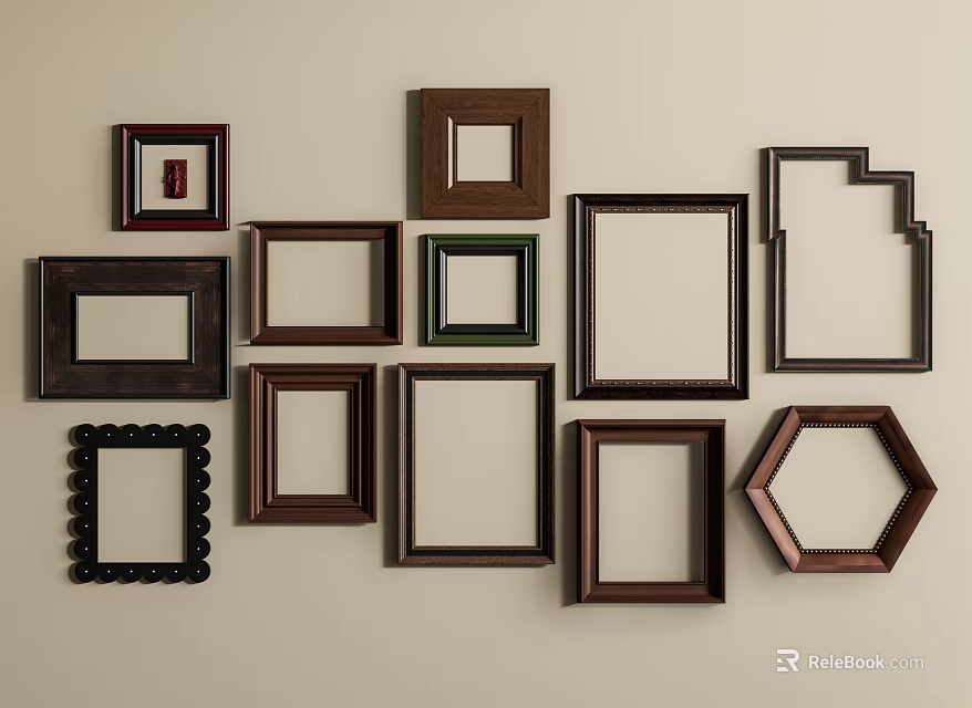Decorative Photo Frames with Various Shapes and Colors Hanging on Wall for Home Decoration 3d model 