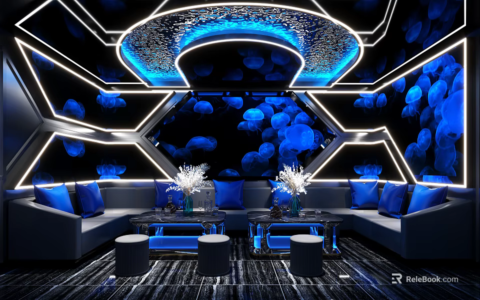 Modern KTV Interior Design With Blue LED Lighting And Comfortable Sofa Seats 3d model 