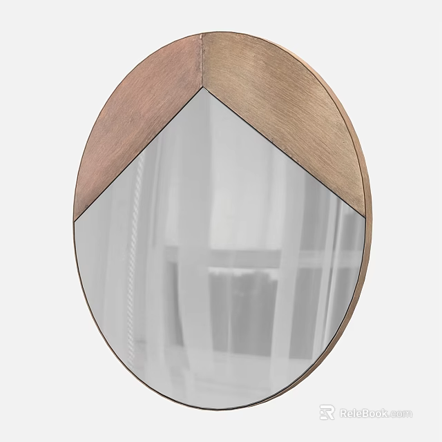 Stylish Round Wooden Frame Mirror With Geometric Design Reflecting Interior Space 3d model 