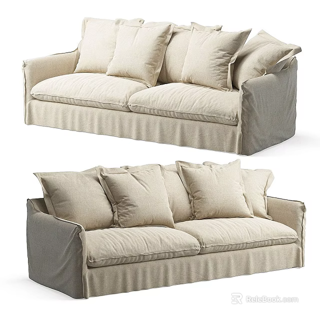 Comfortable Two Seater Sofa with Beige Linen Slipcover and Soft Cushions 3d model 