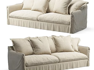 Comfortable Two Seater Sofa with Beige Linen Slipcover and Soft Cushions 3d model