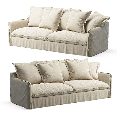 Comfortable Two Seater Sofa with Beige Linen Slipcover and Soft Cushions 3d model