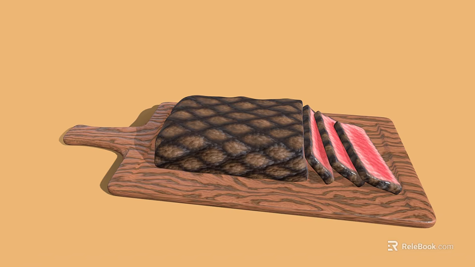 Juicy Grilled Steak Sliced on Wooden Cutting Board with Pink Interior 3d model 