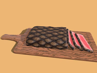 Juicy Grilled Steak Sliced on Wooden Cutting Board with Pink Interior 3d model