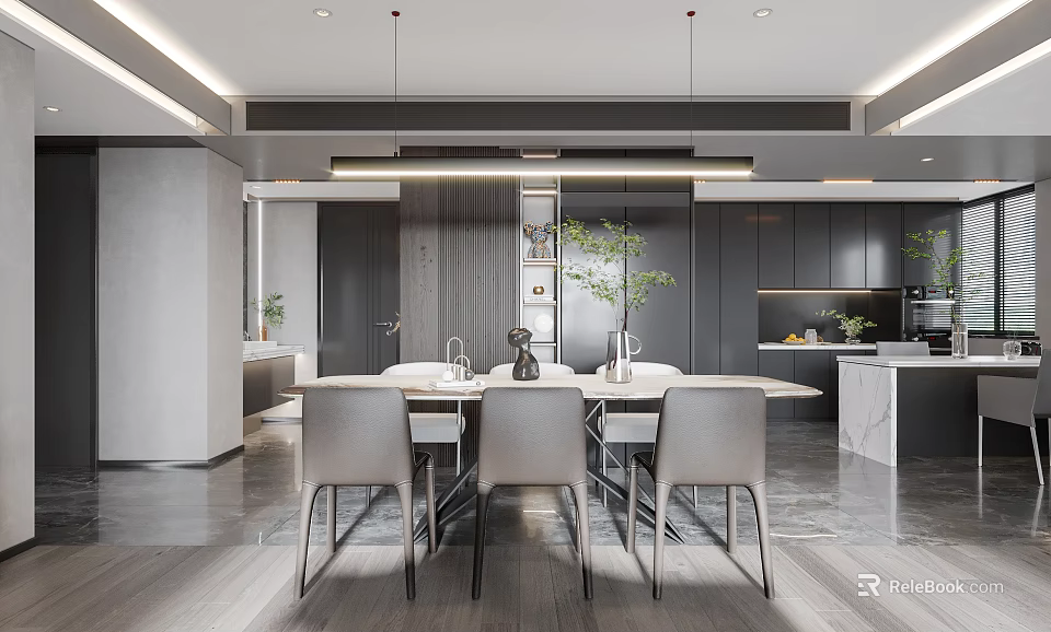 Modern Open Restaurant Interior With Round Dining Table Grey Chairs And Pendant Lights 3d model 