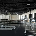 Modern Fitness Gym Interior With Treadmills Weight Benches Training Markings Glass Partitions And Black Floor