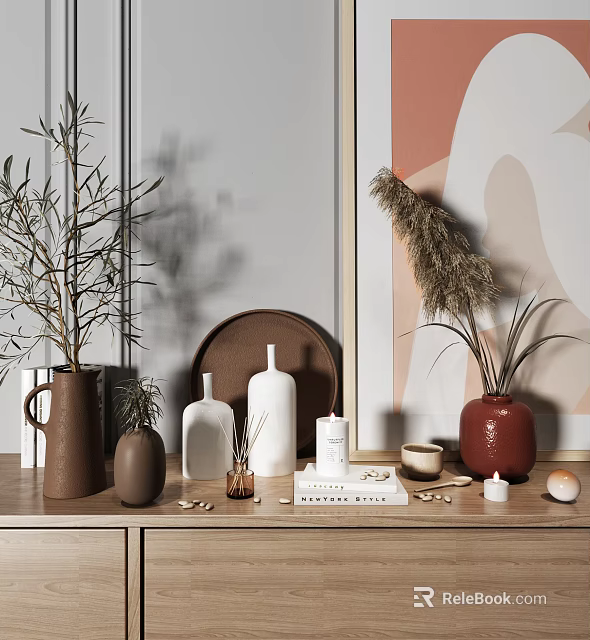Elegant Decorative Ornament Set with Greenery Ceramic Vases Candles Wooden Tray for Modern Home 3d model 