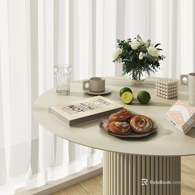 Round Coffee Table Striped Base White Flower Bouquet Coffee Mug Limes Croissants Book White Curtains 3d model 