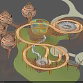Modern Children's Playground With Circular Structures Towers Slide And Green Lawn