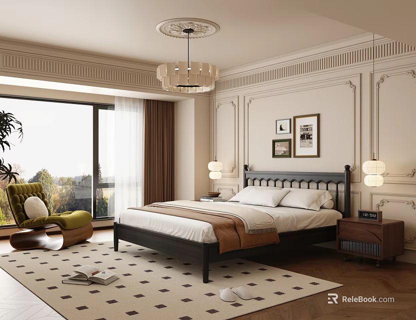 Elegant Bedroom Interior With Large Bed Chandelier Window Nightstand Chair Rug And Wall Art 3d model 