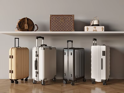 Various Colored Suitcases And Leather Bags Displayed On Shelf And Floor 3d model
