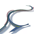Modern Curved Landscape Bridge With Colorful Railings And Scenic Pedestrian Walkway
