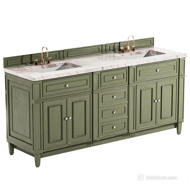 Green Double Sink Bathroom Vanity With Marble Countertop Brass Faucets Storage Cabinets And Drawers 3d model 