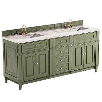 Green Double Sink Bathroom Vanity With Marble Countertop Brass Faucets Storage Cabinets And Drawers 3d model