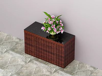 Brown Wooden Sideboard Black Top With Pink White Flowers In Vase On Gray Marble Floor 3d model