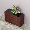 Brown Wooden Sideboard Black Top With Pink White Flowers In Vase On Gray Marble Floor