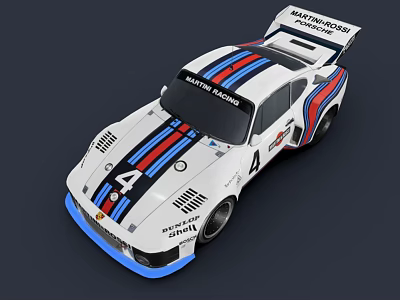 White Martini Racing Race Car With Blue Red Stripes Number 4 Rear Spoiler 3d model