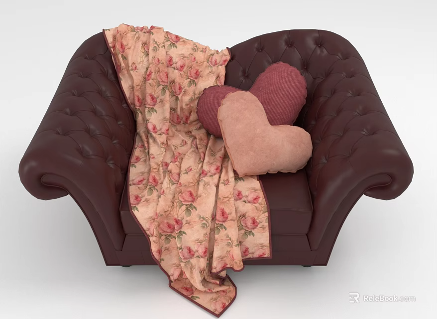 Cozy Tufted Brown Single Sofa with Floral Blanket and Heart Shaped Pillows 3d model 