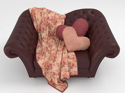 Cozy Tufted Brown Single Sofa with Floral Blanket and Heart Shaped Pillows 3d model