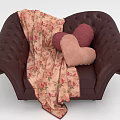 Cozy Tufted Brown Single Sofa with Floral Blanket and Heart Shaped Pillows