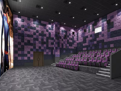 Contemporary Cinema Interior With Purple Black Square Walls Staircase Seating Purple Seats And Ceiling Lights 3d model