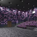 Contemporary Cinema Interior With Purple Black Square Walls Staircase Seating Purple Seats And Ceiling Lights